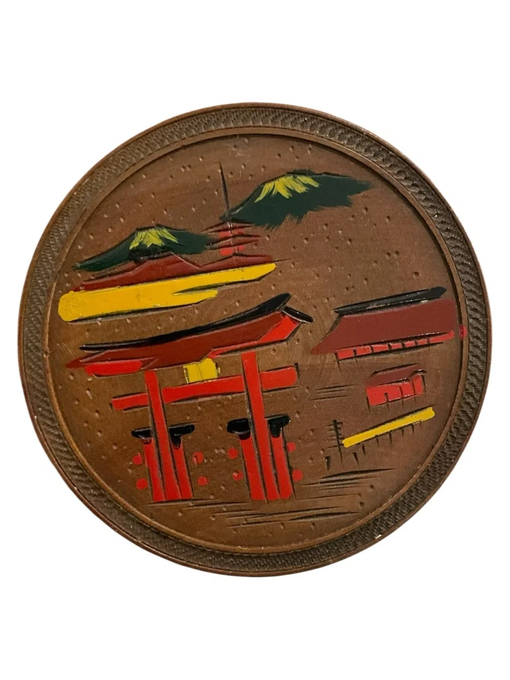 Vintage Japanese Wood Coaster Set w/ Box Hand Carved Painted Mid Century Japan